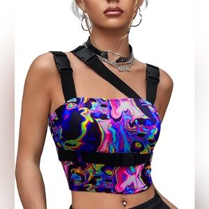 Colorful Abstract Print Bustier Crop Top w/ Harness Straps Festival Rave